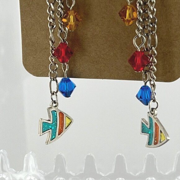 Dangle Earrings Fishies with Bubbles, colored crystals and enameled fish charms - Picture 2 of 2